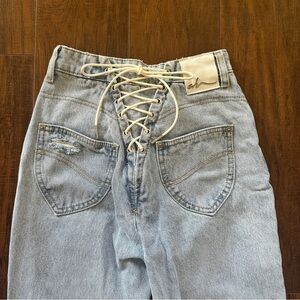 Oh Polly petite wide leg lace up butt jeans